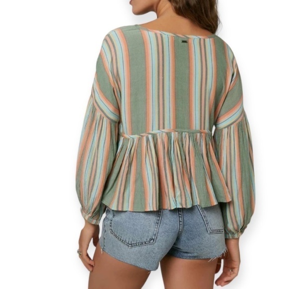 O’NEILL Rosie Stripe Top Bohemian Tie Closure Small Green Blue - Picture 3 of 12